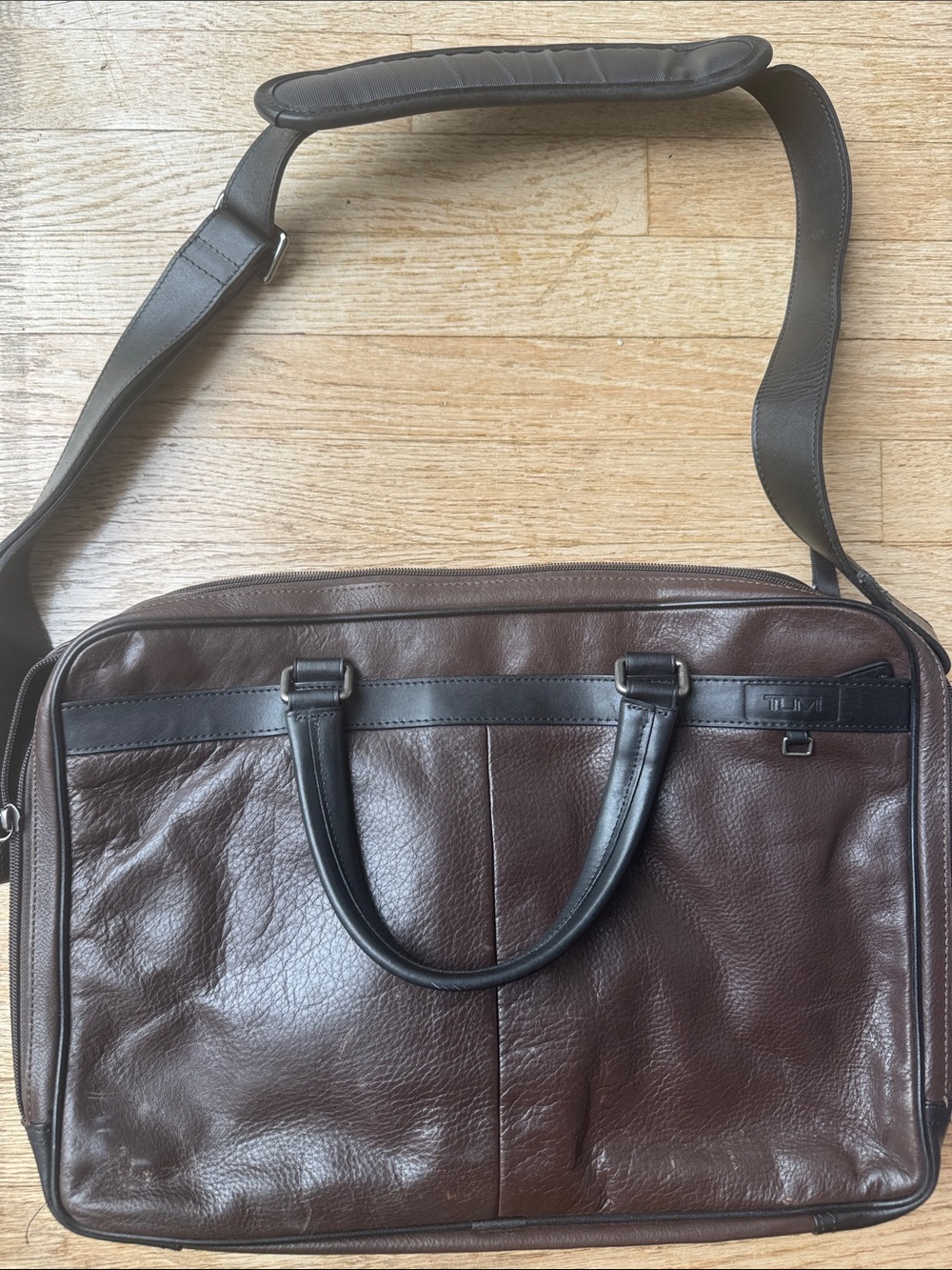 Tumi Brown Leather Briefcase with Black Trim